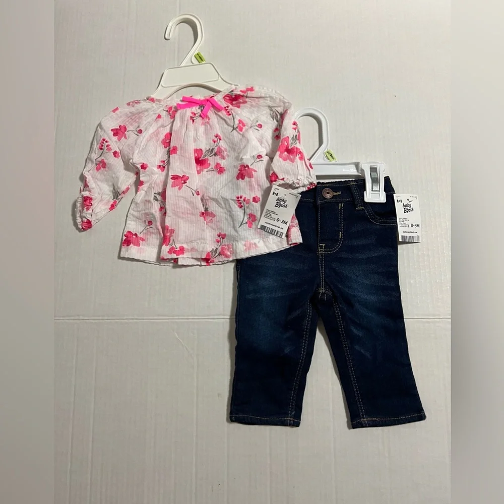🆕OSHKOSH - 3M - NWT - INFANT GIRLS 2PC FLORAL SHIRT AND DENIM PANT OUTFIT LOT - Picture 2 of 12